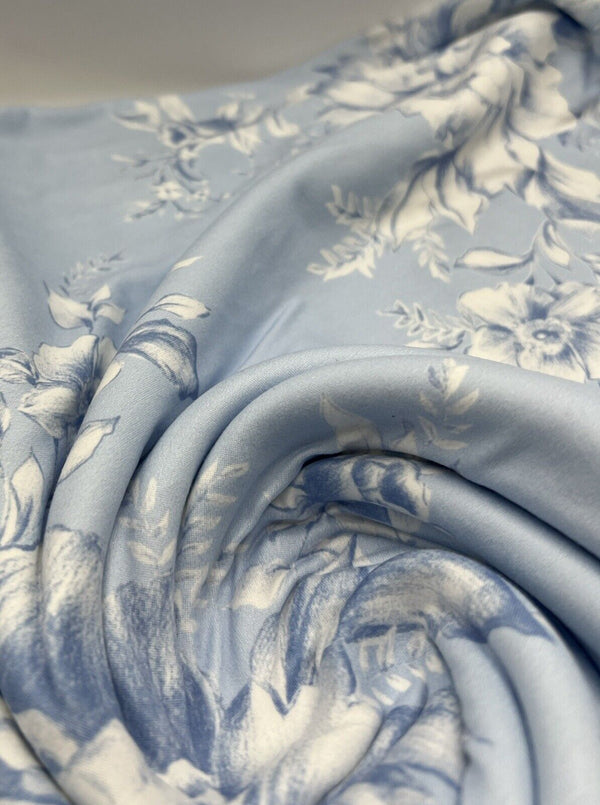 Blue Floral Print Super Soft Spun Poly Stretch Fabric