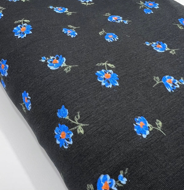 Blue Floral Print Viscose Elastane Fabric