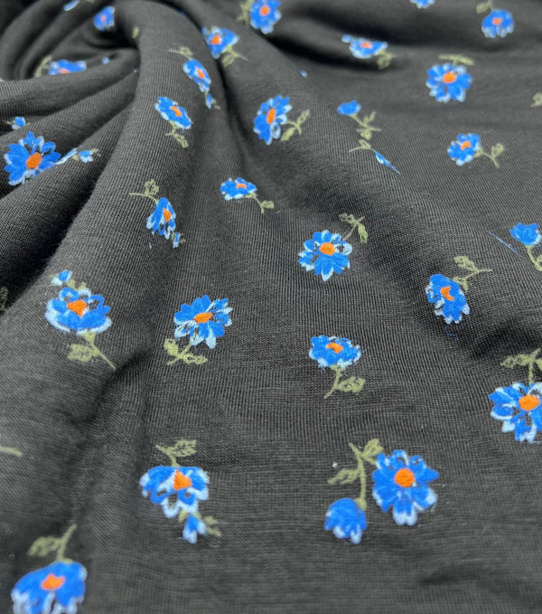 Blue Floral Print Viscose Elastane Fabric