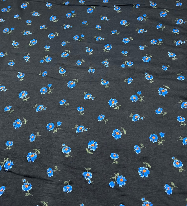 Blue Floral Print Viscose Elastane Fabric