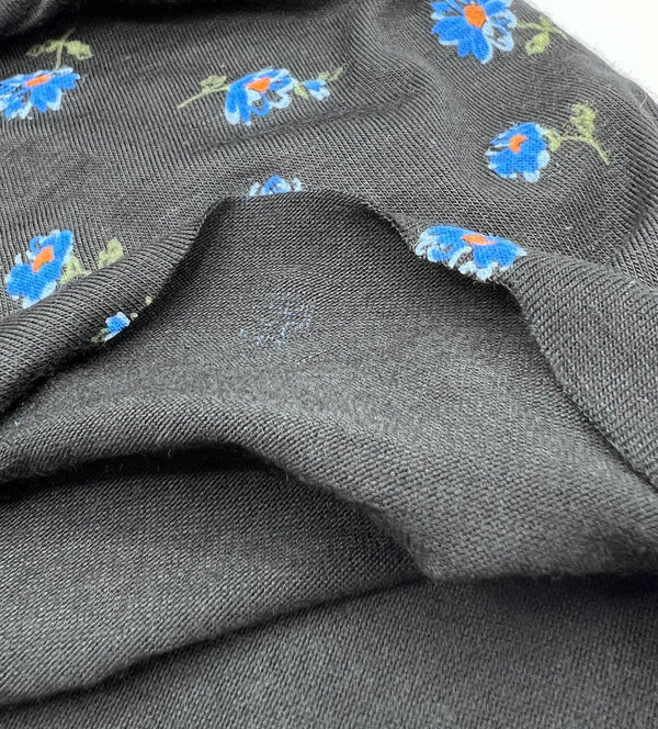 Blue Floral Print Viscose Elastane Fabric