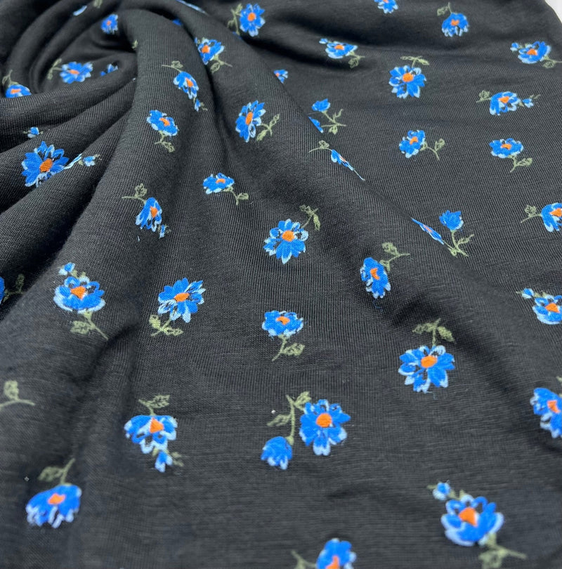 Blue Floral Print Viscose Elastane Fabric