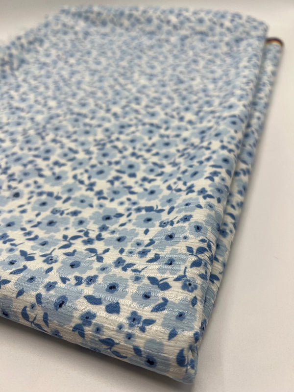 Blue Floral Textured Crinkle Lightweight Non Stretch Fabric