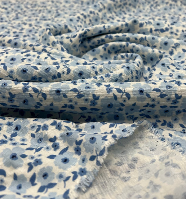 Blue Floral Textured Crinkle Lightweight Non Stretch Fabric