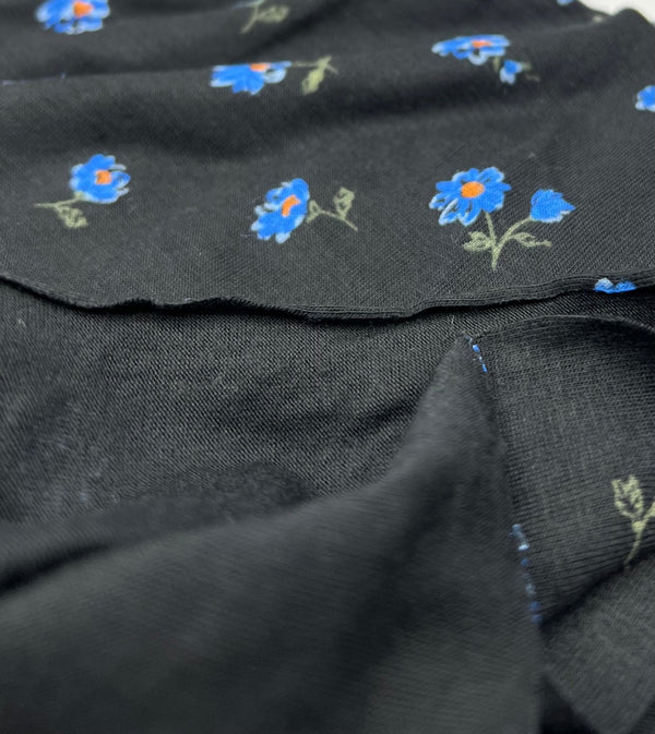 Blue Flower On Black Print Viscose Elastane Fabric