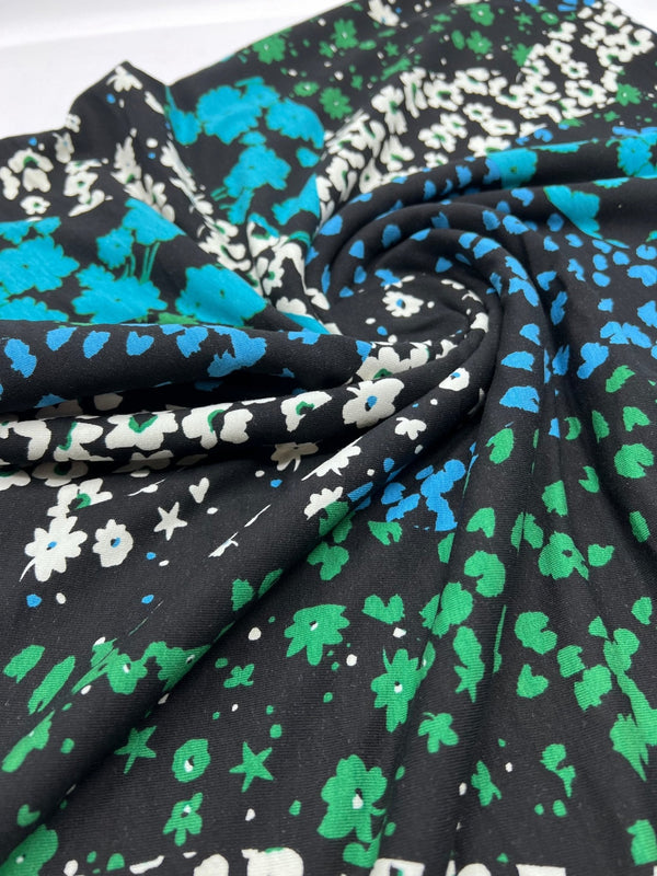 Blue Green Animal Mix Print Heavy Viscose Elastane 4 Way Stretch Fabric