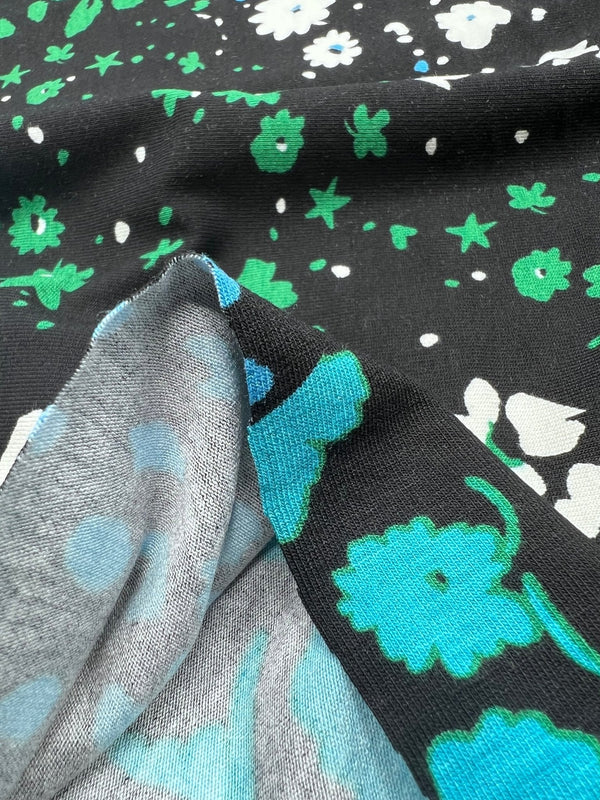 Blue Green Animal Mix Print Heavy Viscose Elastane 4 Way Stretch Fabric