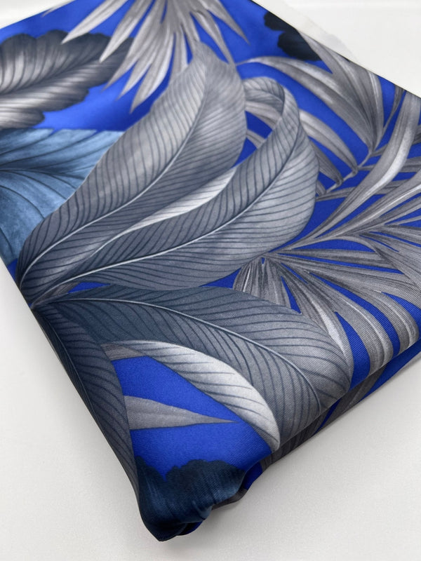 Blue Grey Leaf Printed Plain Scuba 4 Way Stretch Jersey Fabric