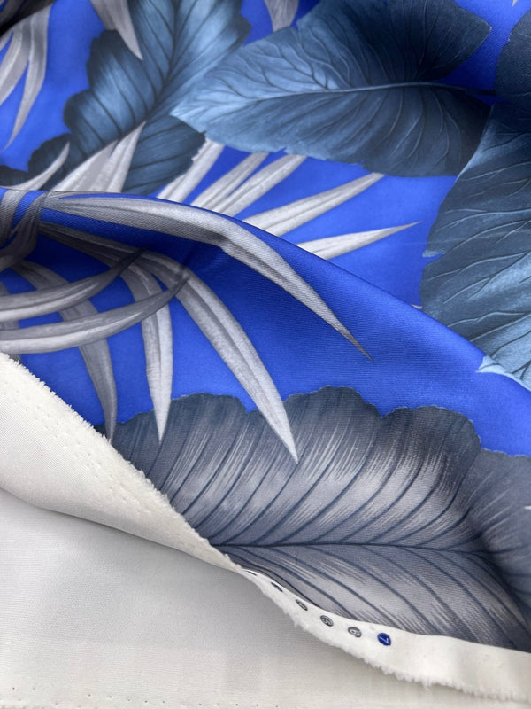 Blue Grey Leaf Printed Plain Scuba 4 Way Stretch Jersey Fabric