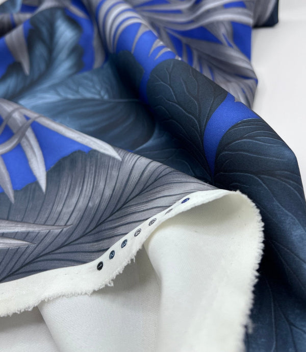 Blue Grey Leaf Printed Plain Scuba 4 Way Stretch Jersey Fabric