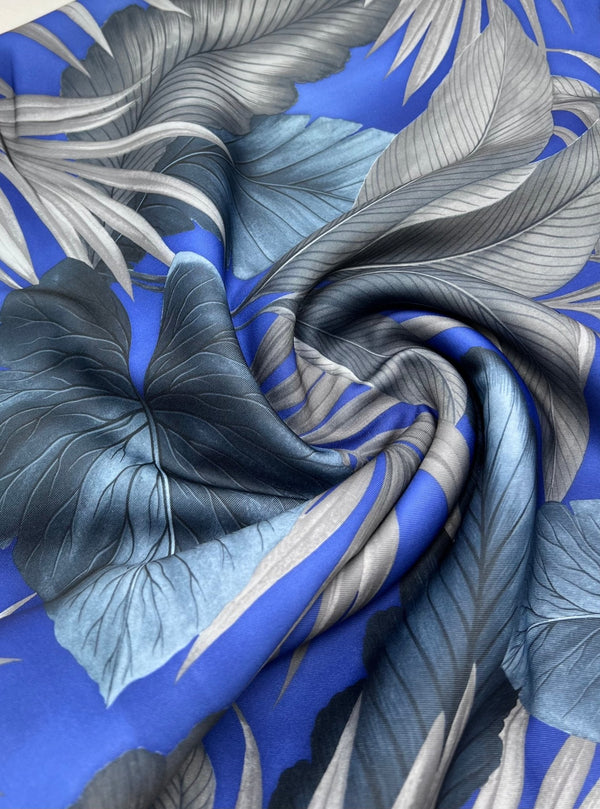 Blue Grey Leaf Printed Plain Scuba 4 Way Stretch Jersey Fabric