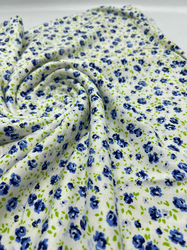 Blue Ivory Floral Print Viscose Elastane Fabric