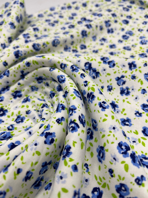 Blue Ivory Floral Print Viscose Elastane Fabric