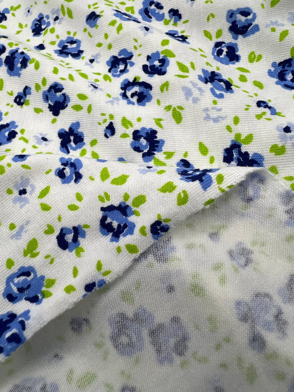 Blue Ivory Floral Print Viscose Elastane Fabric