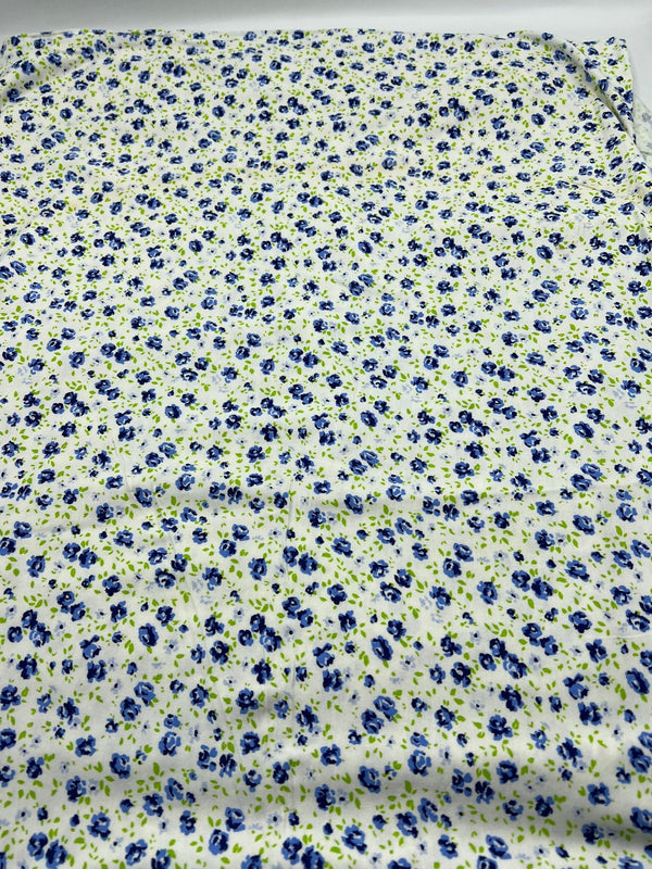 Blue Ivory Floral Print Viscose Elastane Fabric