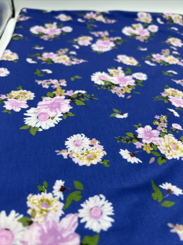 Blue Lilac Floral Print Spun Poly Stretch Fabric