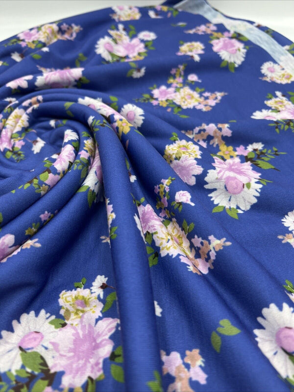 Blue Lilac Floral Print Spun Poly Stretch Fabric