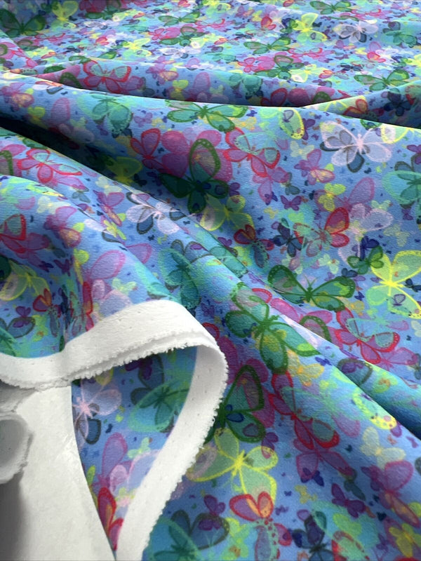 Blue Multi Butterfly Printed Scuba Crepe Jersey Fabric 4 Way Stretch