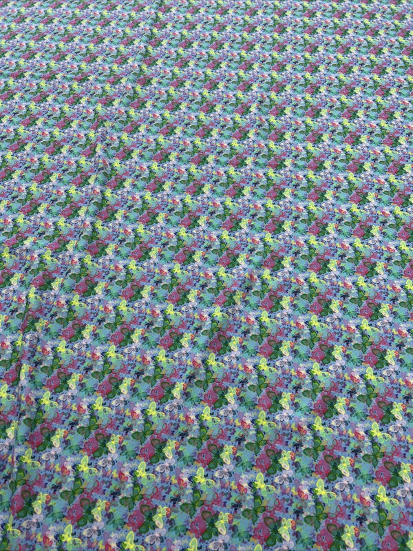 Blue Multi Butterfly Printed Scuba Crepe Jersey Fabric 4 Way Stretch