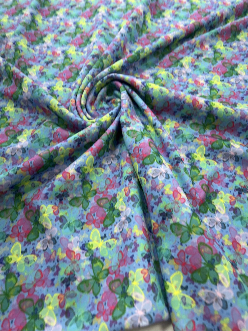 Blue Multi Butterfly Printed Scuba Crepe Jersey Fabric 4 Way Stretch