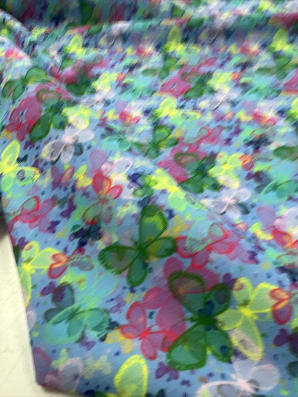 Blue Multi Butterfly Printed Scuba Crepe Jersey Fabric 4 Way Stretch