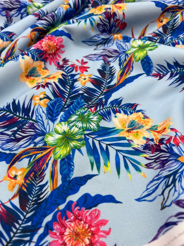 Blue Multi Floral Printed Scuba Crepe Jersey Fabric 4 Way Stretch