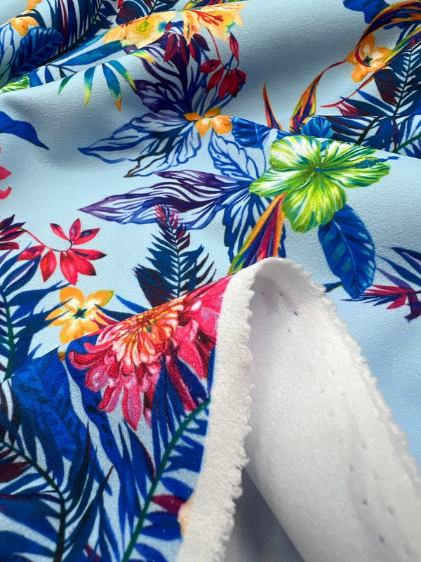 Blue Multi Floral Printed Scuba Crepe Jersey Fabric 4 Way Stretch