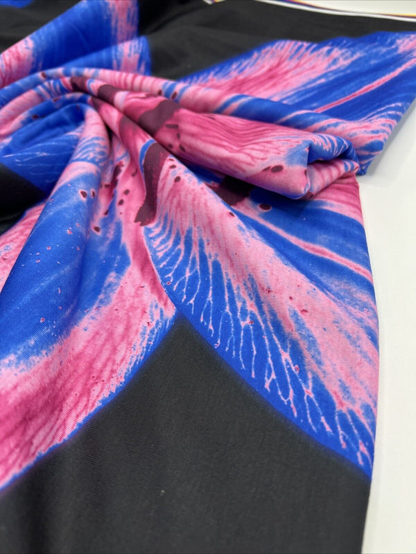 Blue Pink Large Floral Print Spun Poly Stretch Fabric
