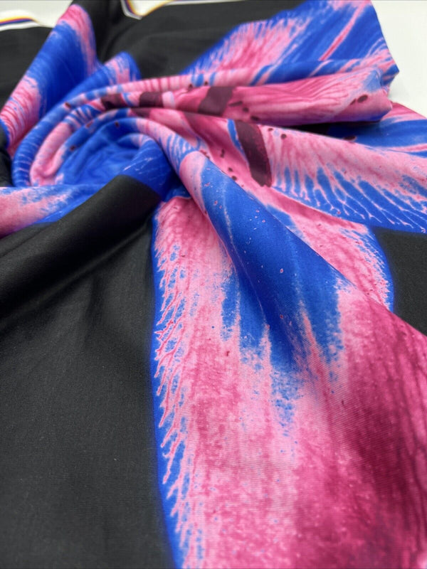 Blue Pink Large Floral Print Spun Poly Stretch Fabric