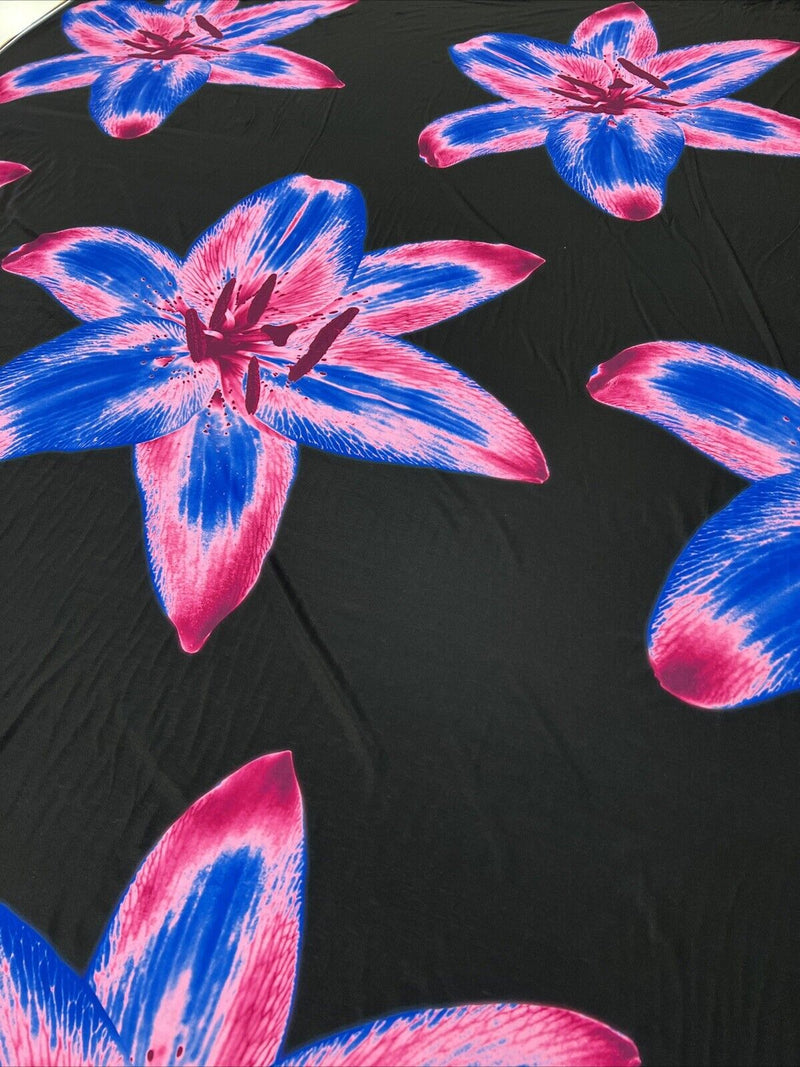 Blue Pink Large Floral Print Spun Poly Stretch Fabric