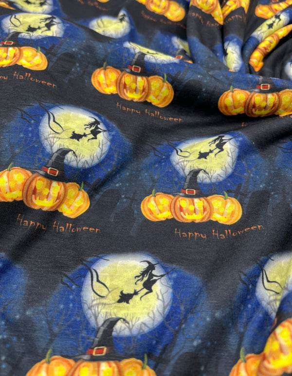 Blue Pumpkin Witch Halloween Print Spun Poly Stretch Fabric