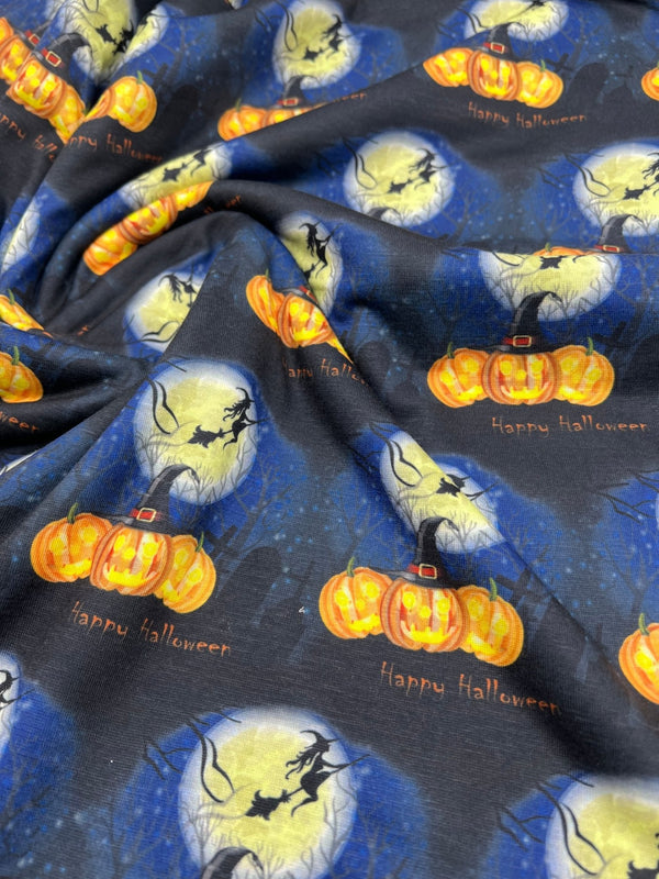 Blue Pumpkin Witch Halloween Print Spun Poly Stretch Fabric