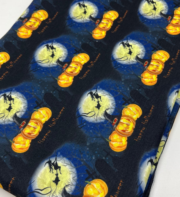 Blue Pumpkin Witch Halloween Print Spun Poly Stretch Fabric