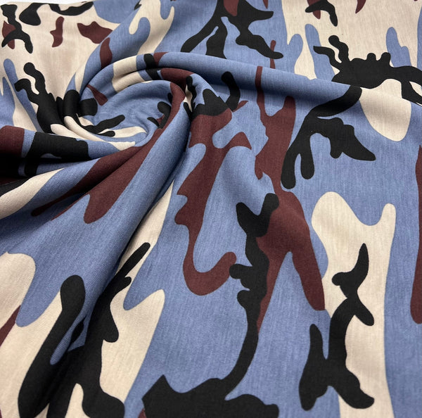Blue Stone Brown Camo Mix Print Viscose Elastane Fabric