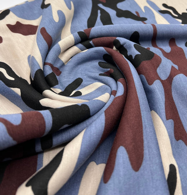 Blue Stone Brown Camo Mix Print Viscose Elastane Fabric