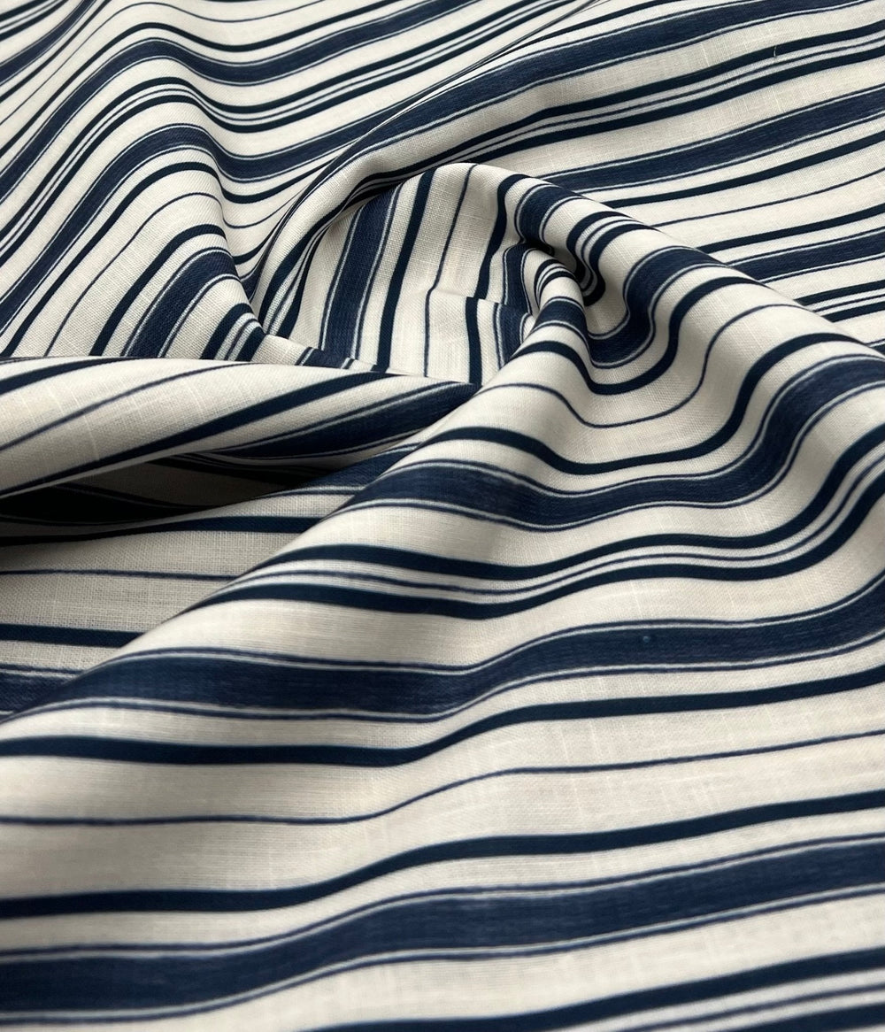 Blue Stripe Linen Look Non Stretch Fabric