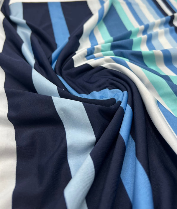 Blue Stripe Print Soft Touch 4 Way Stretch Fabric