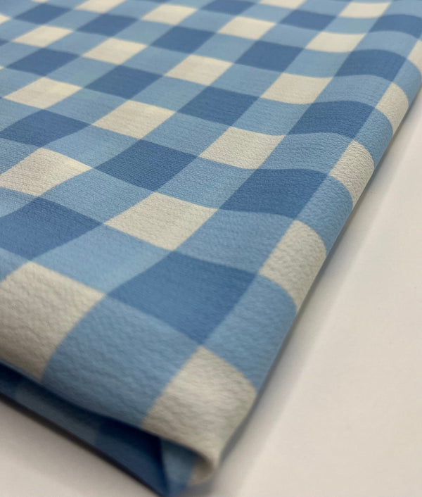 Blue White Check Print Lightweight Bubble Crepe Fabric