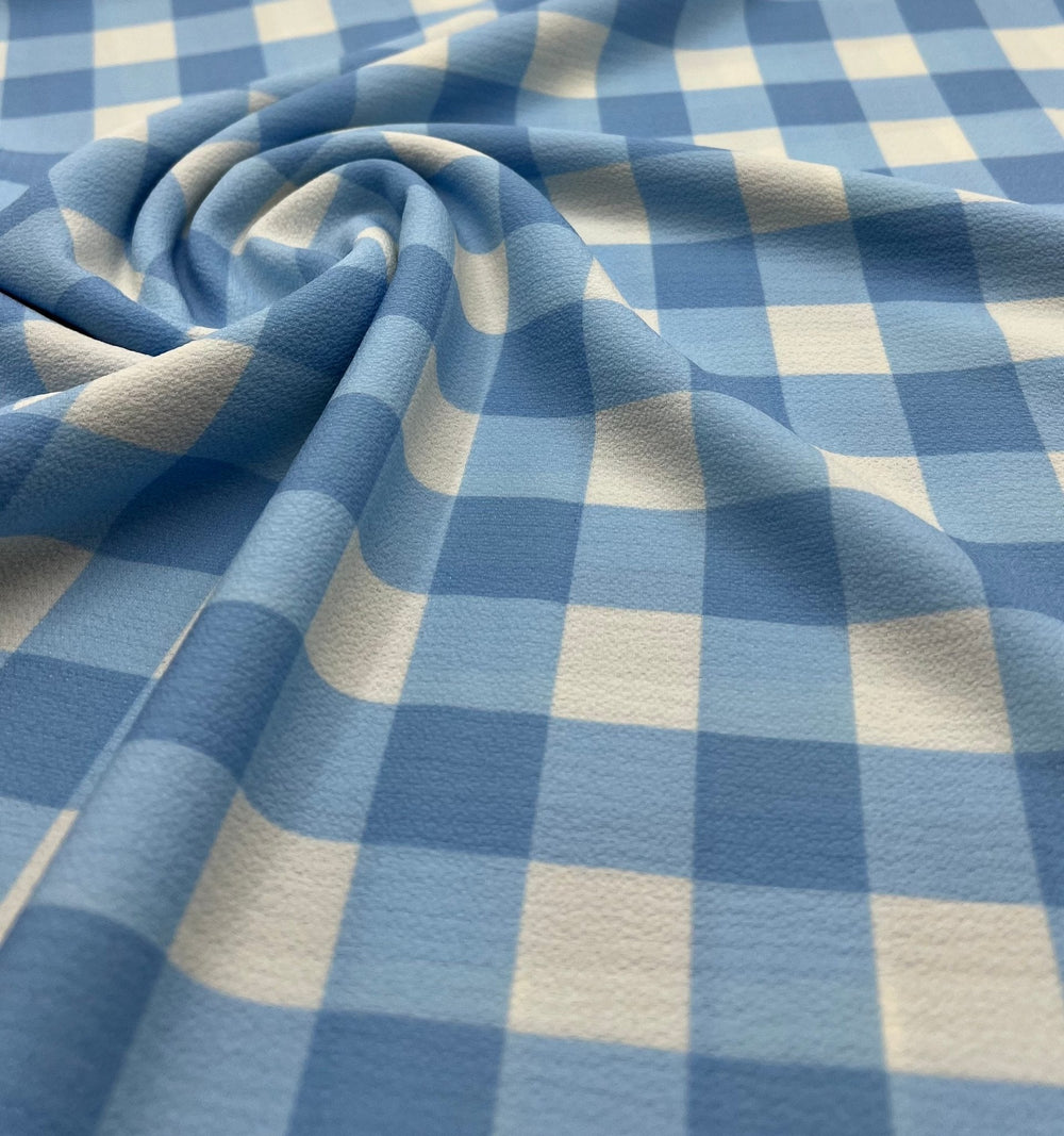 Blue White Check Print Lightweight Bubble Crepe Fabric
