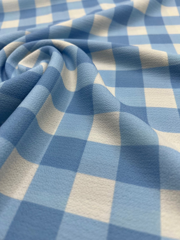 Blue White Check Print Lightweight Bubble Crepe Fabric