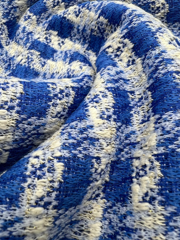 Blue White Gingham Gold Speckles Jacquard Stretch Fabric