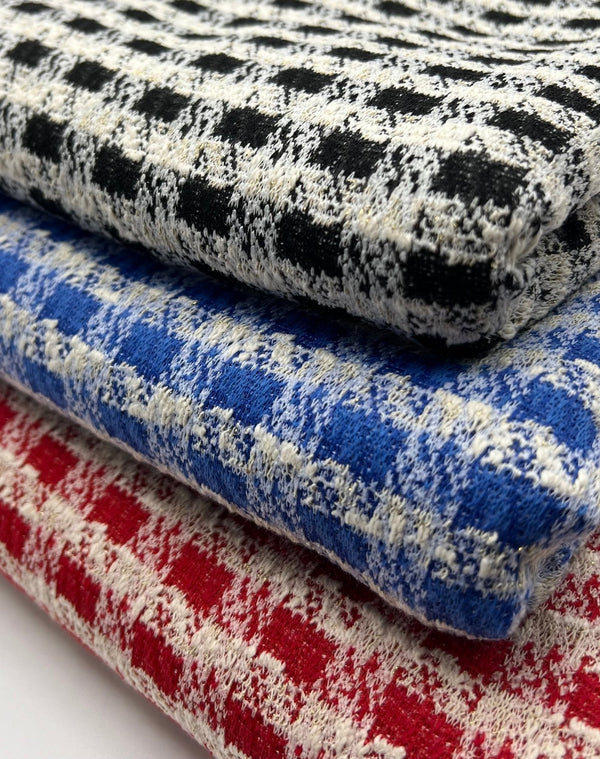 Blue White Gingham Gold Speckles Jacquard Stretch Fabric