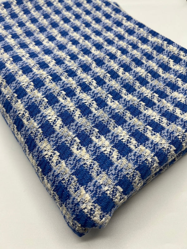 Blue White Gingham Gold Speckles Jacquard Stretch Fabric