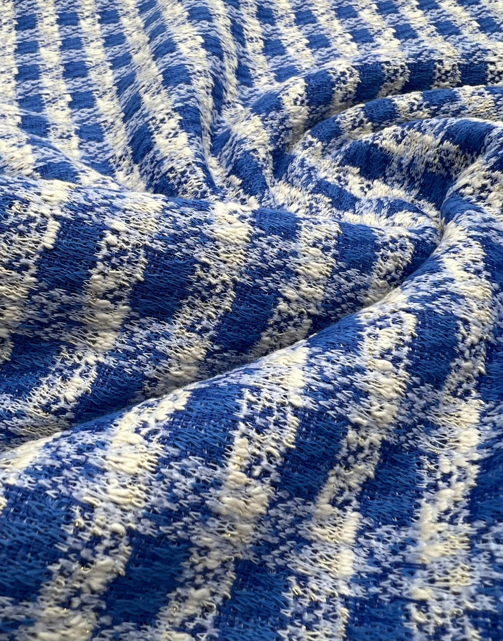 Blue White Gingham Gold Speckles Jacquard Stretch Fabric