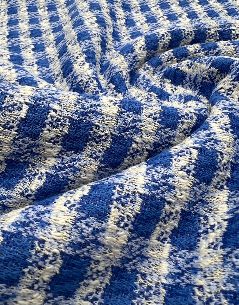Blue White Gingham Gold Speckles Jacquard Stretch Fabric