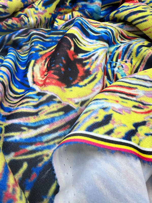 Blue Yellow Mix Print Lightweight Jersey Crepe Fabric 4 Way Stretch