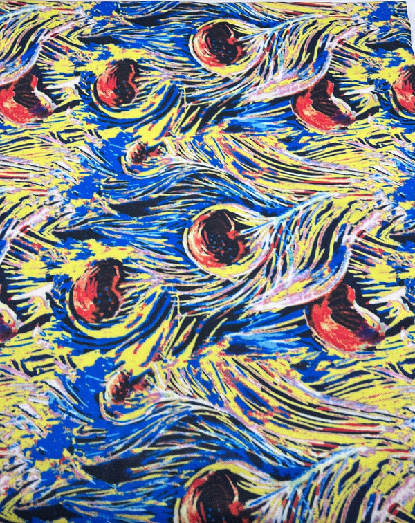 Blue Yellow Mix Print Lightweight Jersey Crepe Fabric 4 Way Stretch