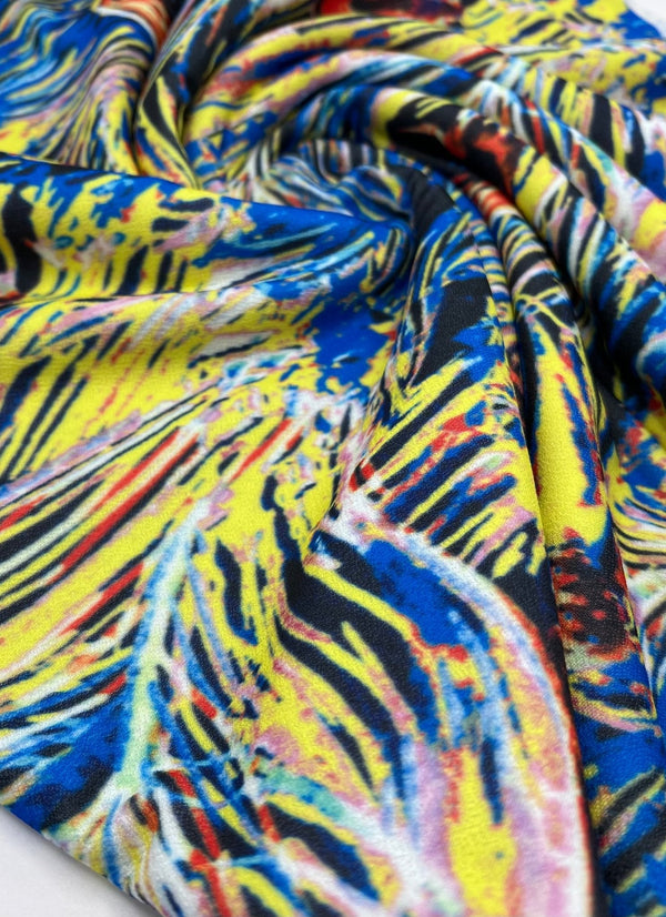 Blue Yellow Mix Print Lightweight Jersey Crepe Fabric 4 Way Stretch