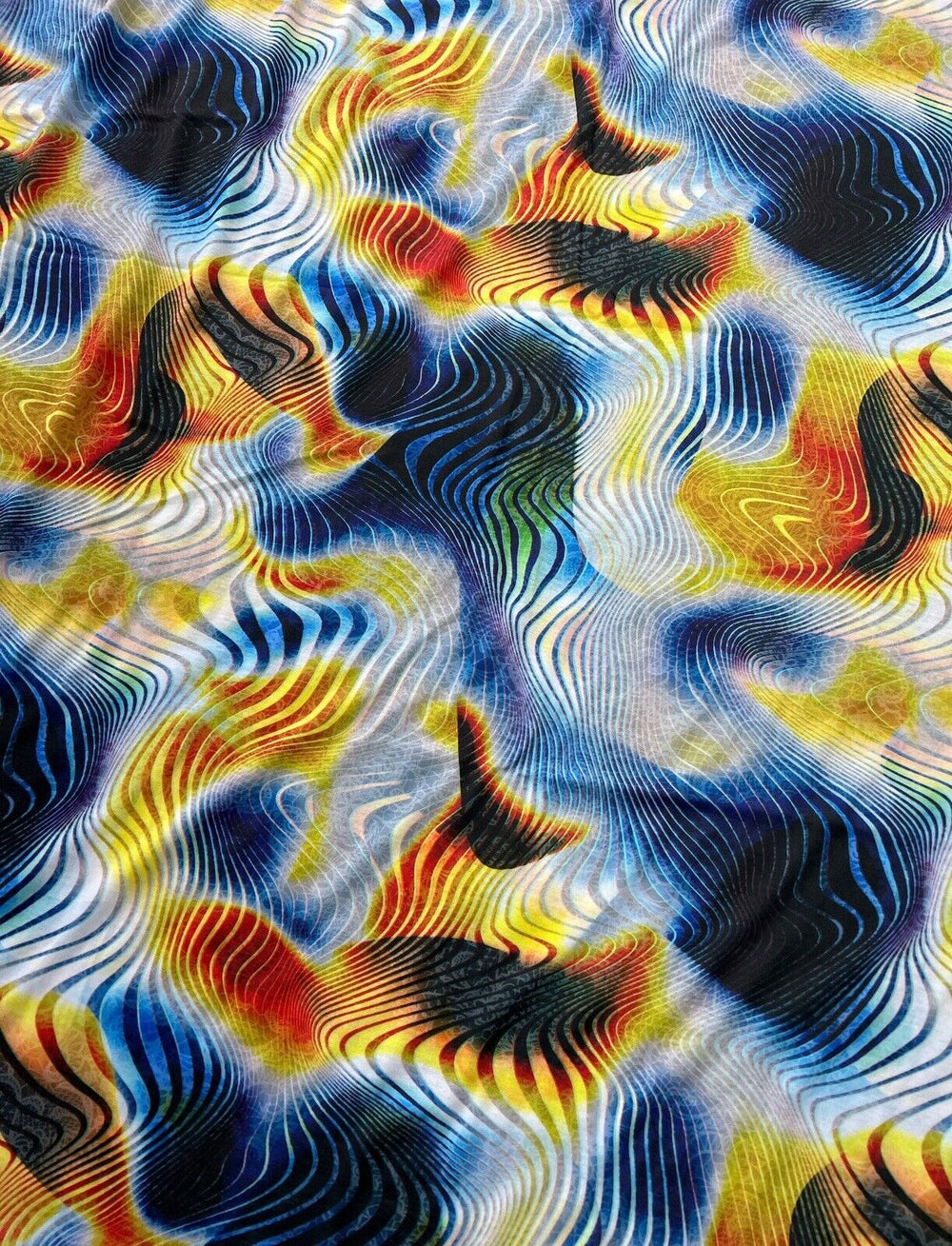 Blue Yellow Mix Print Polyester Stretch Jersey