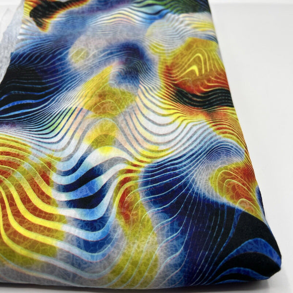 Blue Yellow Mix Print Polyester Stretch Jersey